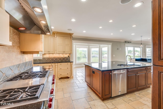 20484 Lake Rd, Abingdon, VA 24211 - kitchen featuring ornamental molding, appliances with stainless steel finishes, stone tile floors, a sink, and island exhaust hood