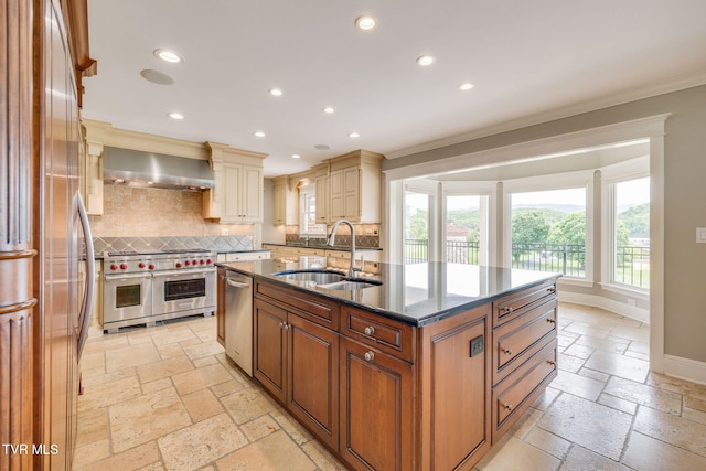 20484 Lake Rd, Abingdon, VA 24211 - kitchen with stainless steel appliances, a sink, stone tile floors, wall chimney range hood, and recessed lighting