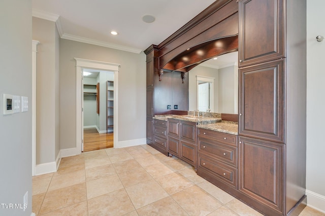 20484 Lake Rd, Abingdon, VA 24211 - bathroom featuring crown molding, vanity, tile patterned floors, baseboards, and recessed lighting