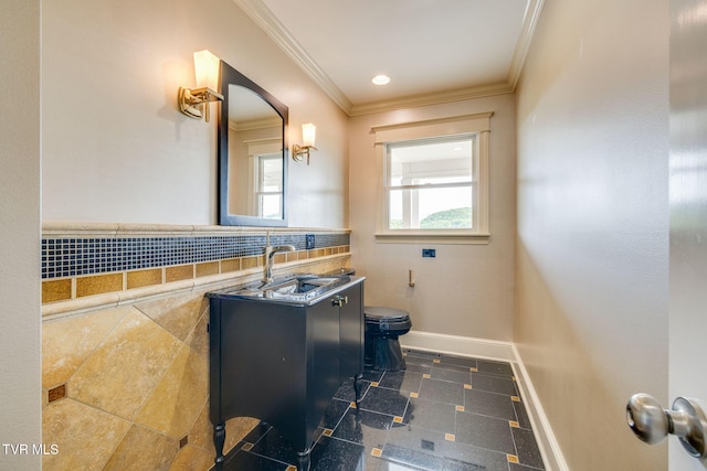 20484 Lake Rd, Abingdon, VA 24211 - bathroom featuring toilet, crown molding, granite tiled floors, baseboards, and vanity