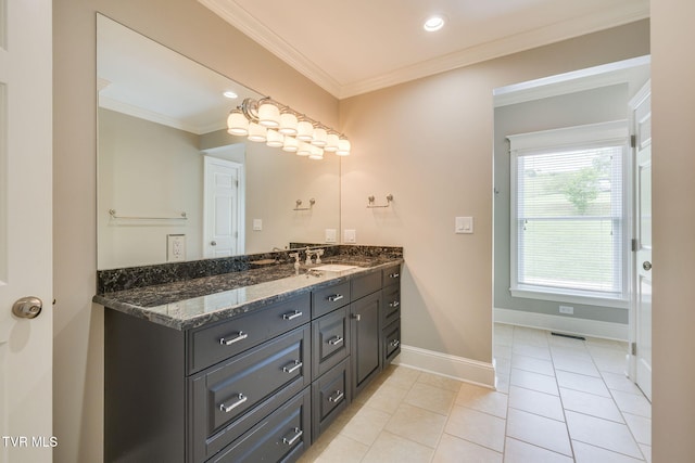 20484 Lake Rd, Abingdon, VA 24211 - bathroom with vanity, baseboards, ornamental molding, tile patterned floors, and recessed lighting