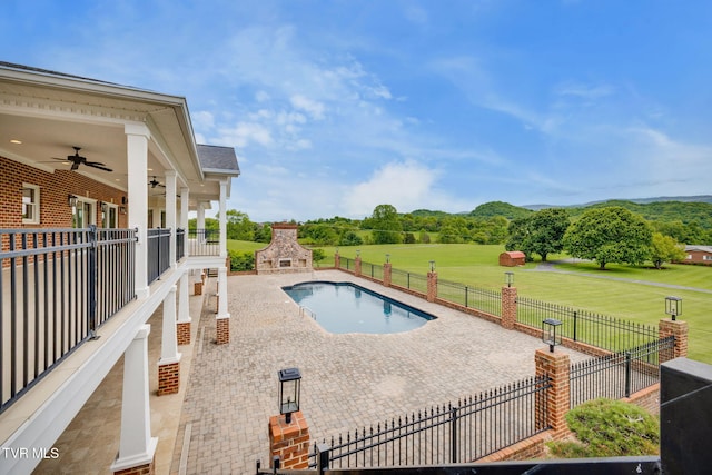 20484 Lake Rd, Abingdon, VA 24211 - view of pool featuring a fireplace, a patio area, and a ceiling fan
