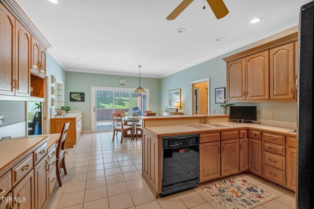 4 Roundtree Ct, Johnson City, TN 37604 - kitchen featuring dishwasher, a sink, a ceiling fan, light tile patterned floors, and a peninsula