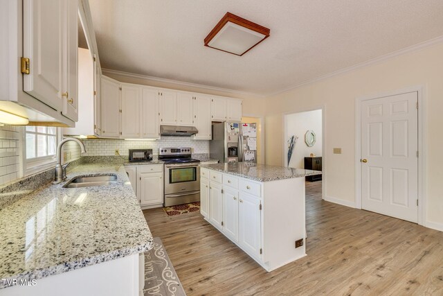 3502 Bondwood Cir, Johnson City, TN 37604 - kitchen featuring appliances with stainless steel finishes, a sink, under cabinet range hood, crown molding, and light wood-type flooring