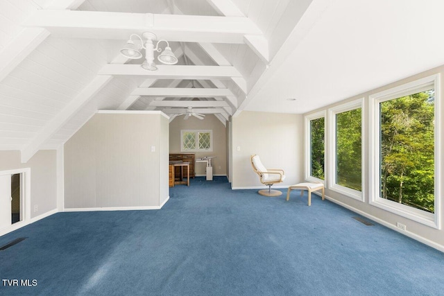 bonus room with carpet flooring, a chandelier, and baseboards
