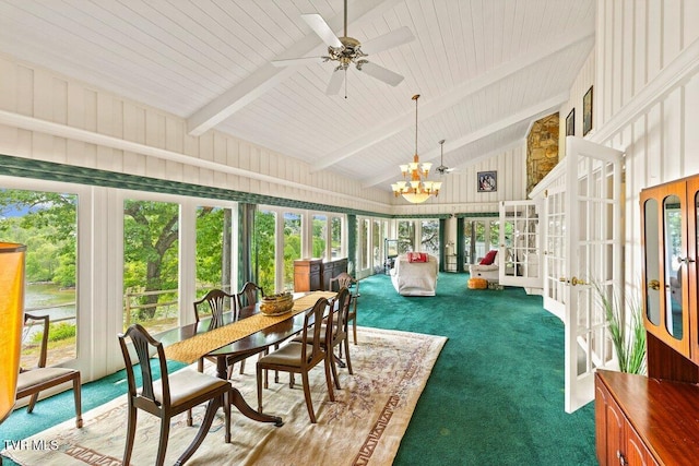sunroom / solarium with french doors, carpet floors, plenty of natural light, beam ceiling, and high vaulted ceiling