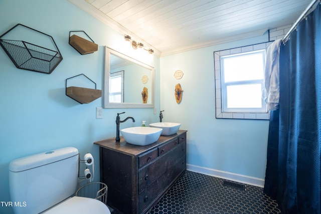 1496 Old State Route 34, Telford, TN 37690 - full bath with crown molding, toilet, baseboards, double vanity, and wood ceiling