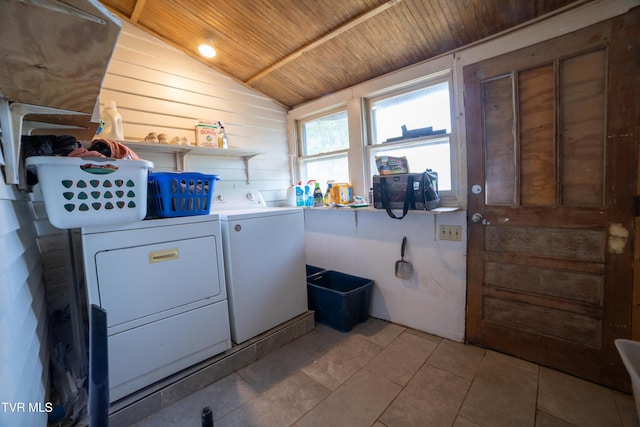 1496 Old State Route 34, Telford, TN 37690 - laundry area with wooden ceiling, washing machine and dryer, wooden walls, and light tile patterned floors
