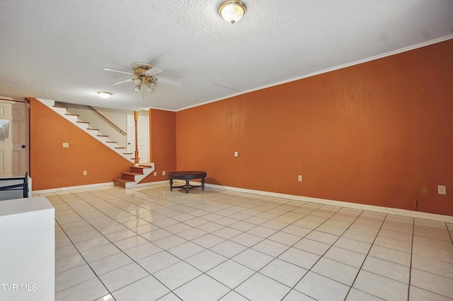 8020 Rock Switch Rd, Wise, VA 24293 - unfurnished living room featuring a textured ceiling, ceiling fan, stairs, light tile patterned floors, and crown molding