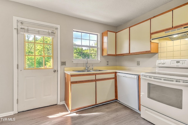 kitchen with white appliances, a sink, under cabinet range hood, light wood-type flooring, and a textured ceiling