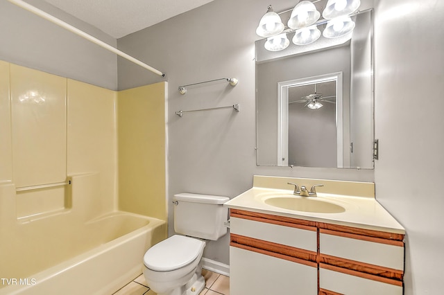 full bathroom featuring tile patterned flooring, toilet, vanity, a ceiling fan, and shower / bath combination