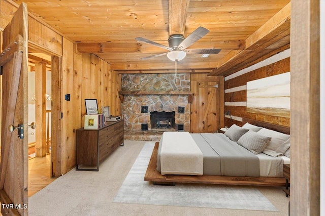 2318 Westwood St, Johnson City, TN 37604 - bedroom featuring wooden ceiling, wood walls, carpet flooring, and a stone fireplace