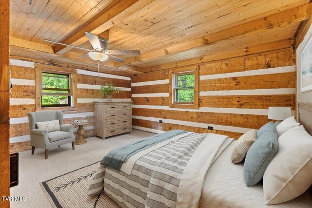 2318 Westwood St, Johnson City, TN 37604 - bedroom featuring wood walls, wood ceiling, carpet floors, and beam ceiling