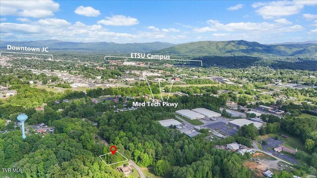2318 Westwood St, Johnson City, TN 37604 - aerial overview of property's location with a mountainous background and property boundaries highlighted