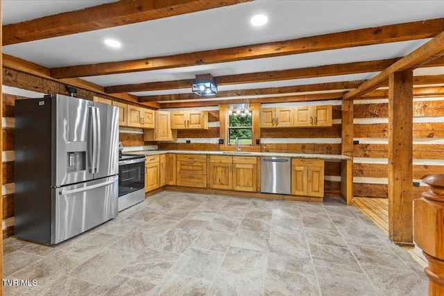 2318 Westwood St, Johnson City, TN 37604 - kitchen with appliances with stainless steel finishes, a sink, beamed ceiling, light stone finish flooring, and recessed lighting