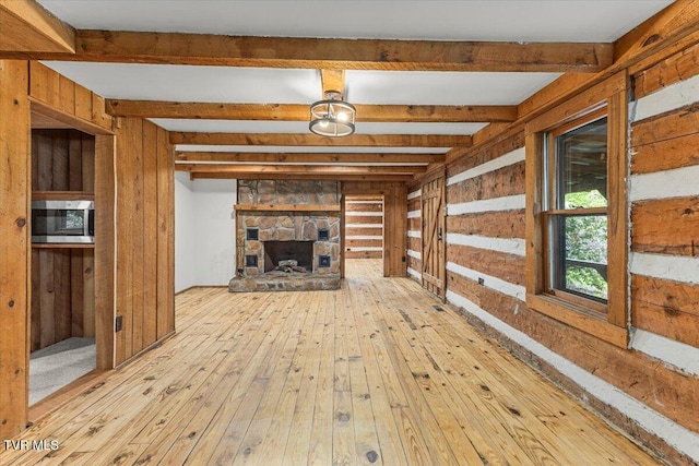 2318 Westwood St, Johnson City, TN 37604 - unfurnished living room with light wood-style floors, beam ceiling, a stone fireplace, and wooden walls