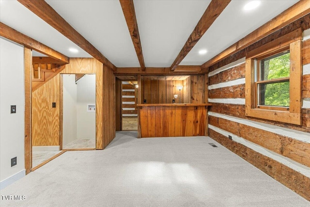 2318 Westwood St, Johnson City, TN 37604 - bar area with wood walls, beam ceiling, recessed lighting, and carpet floors
