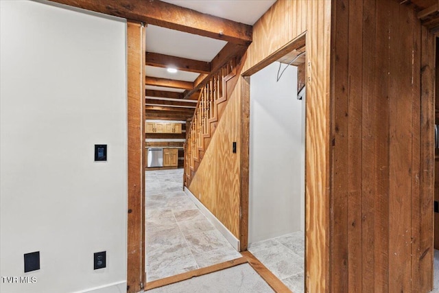 2318 Westwood St, Johnson City, TN 37604 - hall featuring beam ceiling, stairs, wood walls, and baseboards