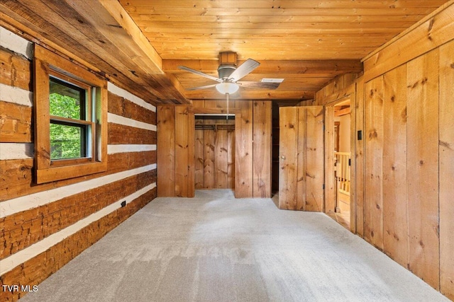 2318 Westwood St, Johnson City, TN 37604 - carpeted spare room with wooden ceiling, wood walls, and a ceiling fan
