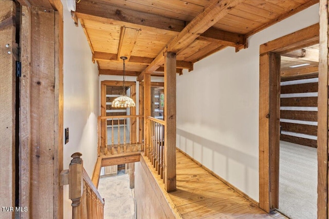 2318 Westwood St, Johnson City, TN 37604 - hall featuring an upstairs landing, wooden ceiling, beamed ceiling, and a chandelier