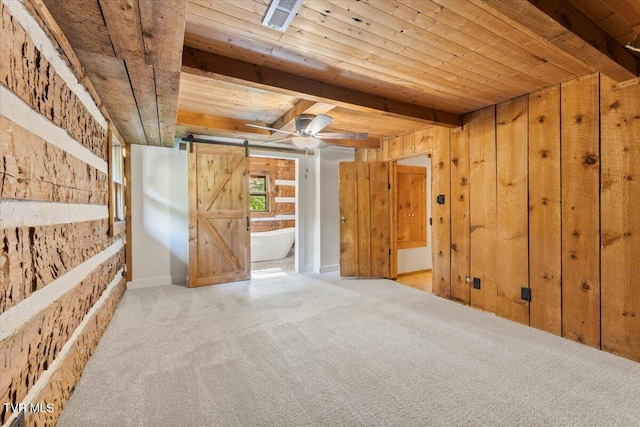 2318 Westwood St, Johnson City, TN 37604 - interior space featuring wood ceiling, a barn door, carpet flooring, ceiling fan, and wood walls