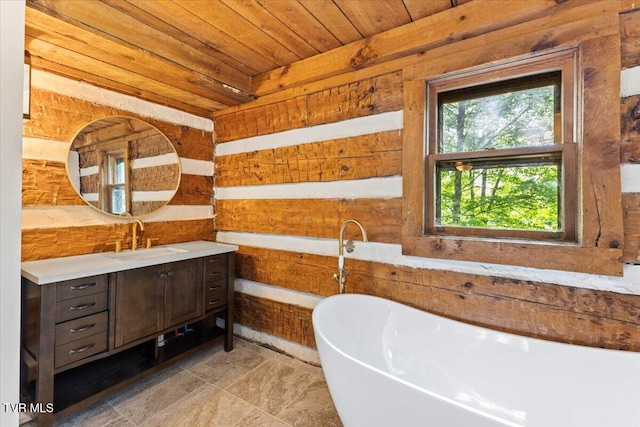 2318 Westwood St, Johnson City, TN 37604 - full bath with wood walls, vanity, wood ceiling, and a freestanding bath