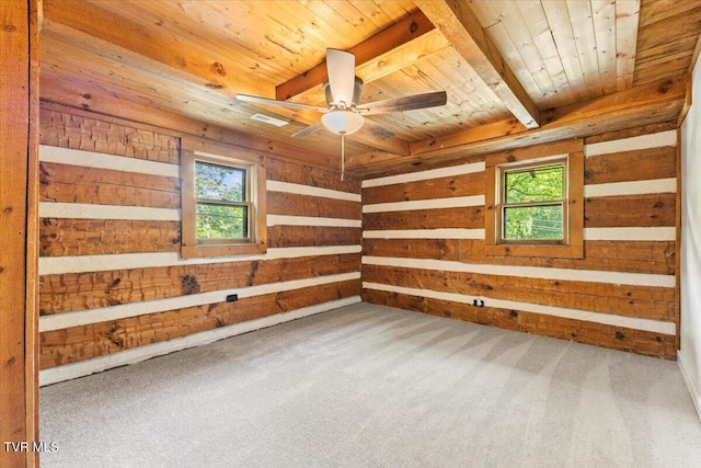 2318 Westwood St, Johnson City, TN 37604 - carpeted spare room featuring wooden ceiling, wood walls, and ceiling fan