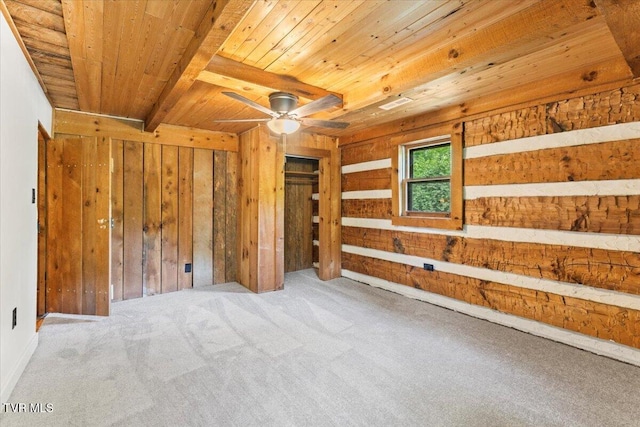 2318 Westwood St, Johnson City, TN 37604 - spare room featuring wooden ceiling, wood walls, carpet floors, beamed ceiling, and a ceiling fan