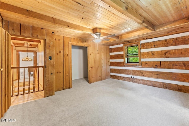 2318 Westwood St, Johnson City, TN 37604 - carpeted empty room with wood ceiling, wooden walls, and ceiling fan
