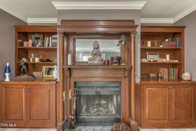 detailed view of a textured ceiling, ornamental molding, and a fireplace