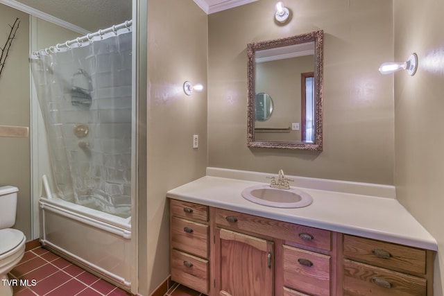 bathroom featuring crown molding, toilet, a shower with shower curtain, vanity, and tile patterned flooring