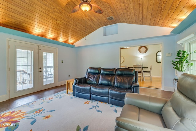 212 Old Castle Rd, Kingsport, TN 37660 - living room featuring wooden ceiling, lofted ceiling, a ceiling fan, french doors, and baseboards