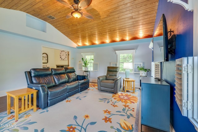 212 Old Castle Rd, Kingsport, TN 37660 - living room featuring wood ceiling, ceiling fan, vaulted ceiling, and baseboards