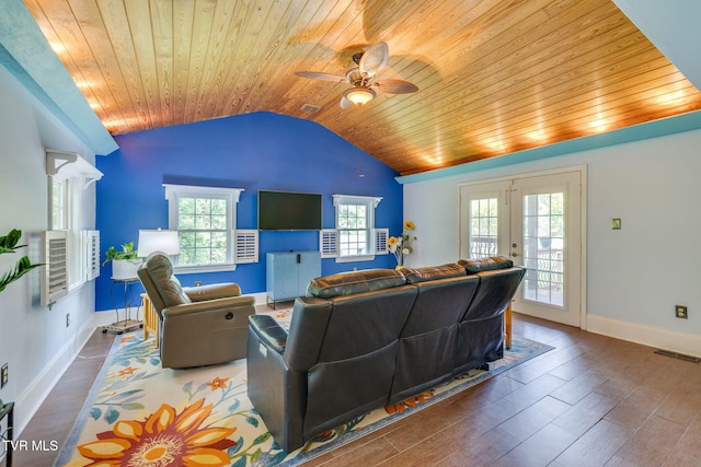 212 Old Castle Rd, Kingsport, TN 37660 - living room featuring wooden ceiling, vaulted ceiling, a ceiling fan, wood finished floors, and baseboards