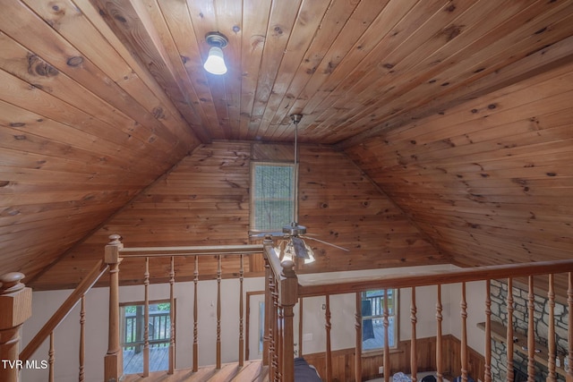 240 Old Railroad Grade Rd, Roan Mountain, TN 37687 - detailed view of wooden ceiling, wood walls, and a ceiling fan