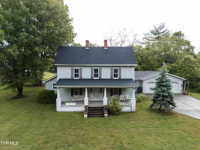 380 Oak Grove Rd, Johnson City, TN 37615 - view of front of property featuring a chimney, concrete driveway, a porch, a front lawn, and a shingled roof