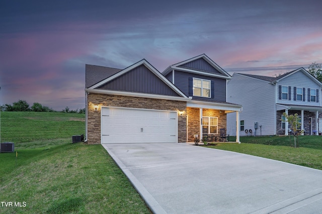 view of front of house featuring board and batten siding, concrete driveway, a front lawn, a porch, and a garage