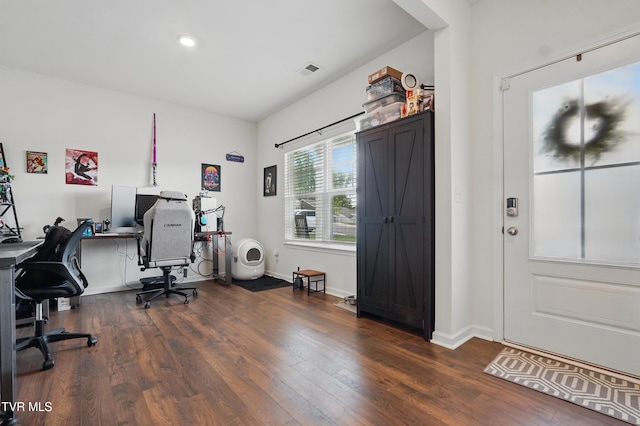 office featuring wood finished floors and baseboards