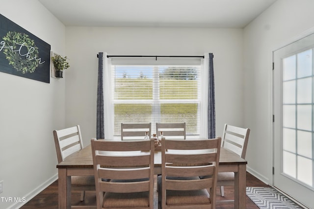 dining area with plenty of natural light, dark wood finished floors, and baseboards