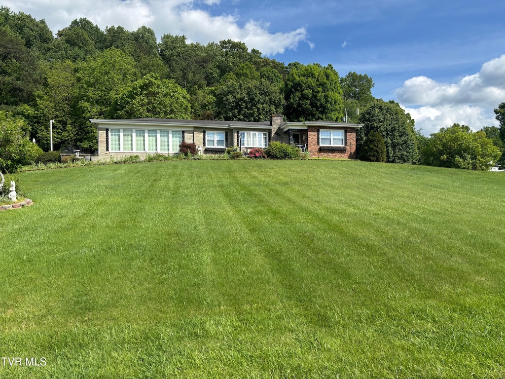910 Hereitage Rd, North, Chuckey, TN 37641 - ranch-style home featuring a front lawn and a chimney