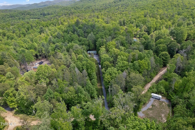 bird's eye view of a heavily wooded area and a mountainous background