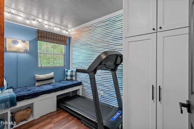 exercise area featuring track lighting, wood finished floors, a textured ceiling, and crown molding