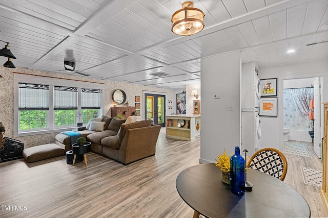 living area with light wood-style floors, wood ceiling, french doors, wallpapered walls, and ceiling fan