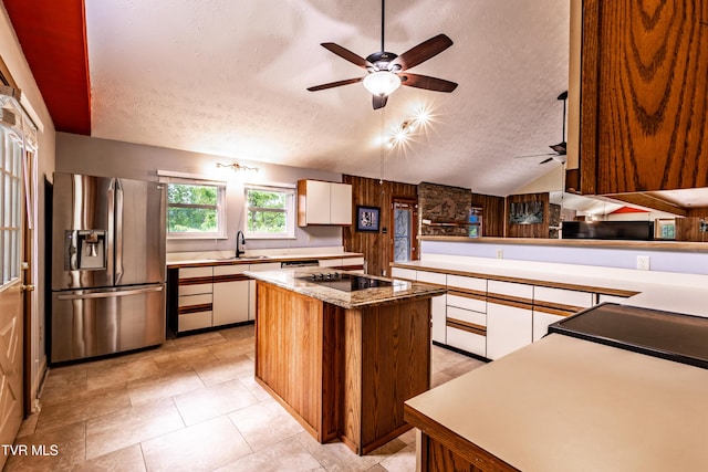 2482-2480 Elk Way, Newport, TN 37821 - kitchen featuring stainless steel fridge with ice dispenser, a textured ceiling, ceiling fan, black electric stovetop, and white cabinets