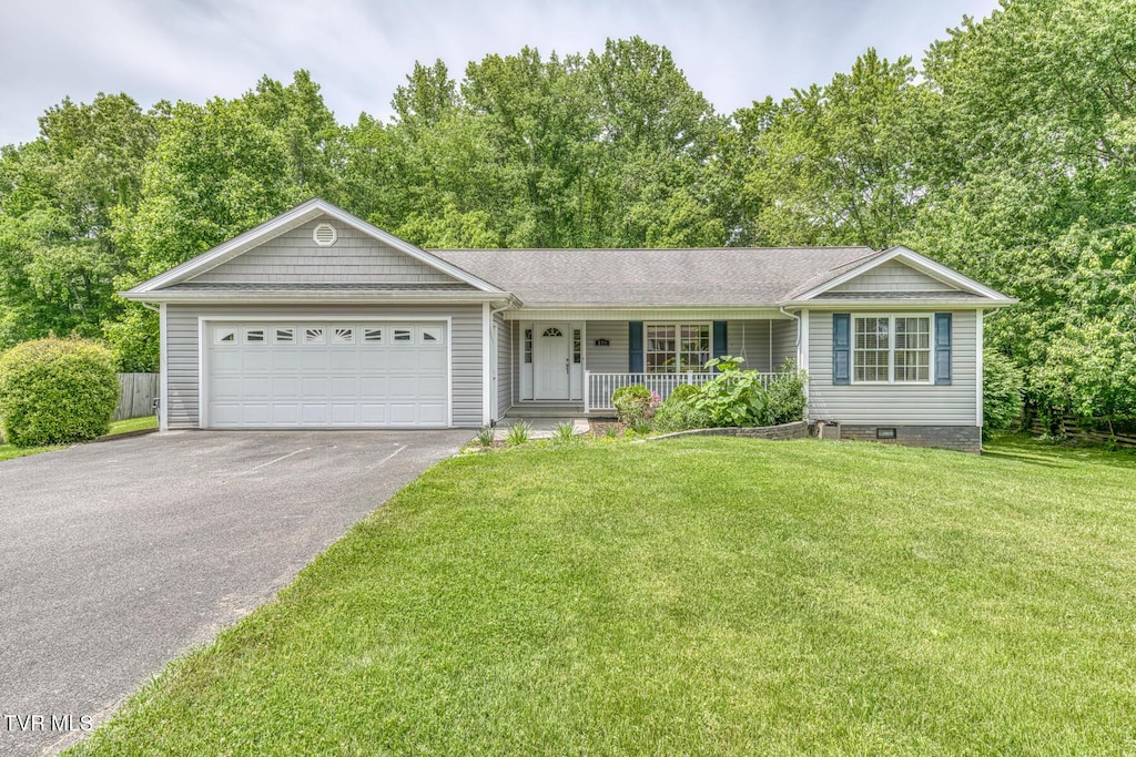 106 Meadow View Dr, Jonesborough, TN 37659 - ranch-style home with asphalt driveway, a porch, an attached garage, and a front lawn