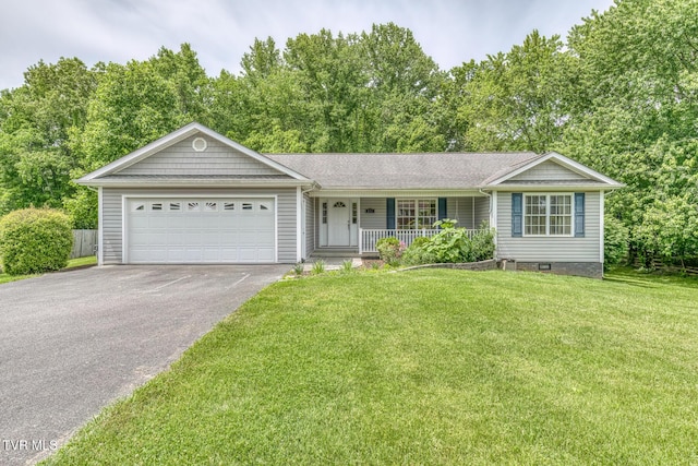 106 Meadow View Dr, Jonesborough, TN 37659 - ranch-style home with asphalt driveway, a porch, an attached garage, and a front lawn
