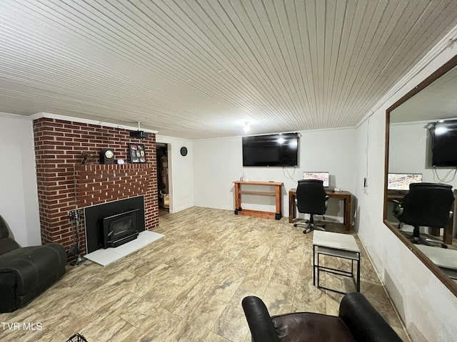 457 Devault St, Church Hill, TN 37642 - living room with ornamental molding, an office area, a brick fireplace, and wood ceiling