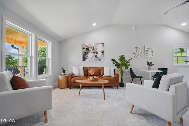 1225 Bristol View Dr, Bristol, VA 24201 - living room with vaulted ceiling, recessed lighting, light carpet, and baseboards