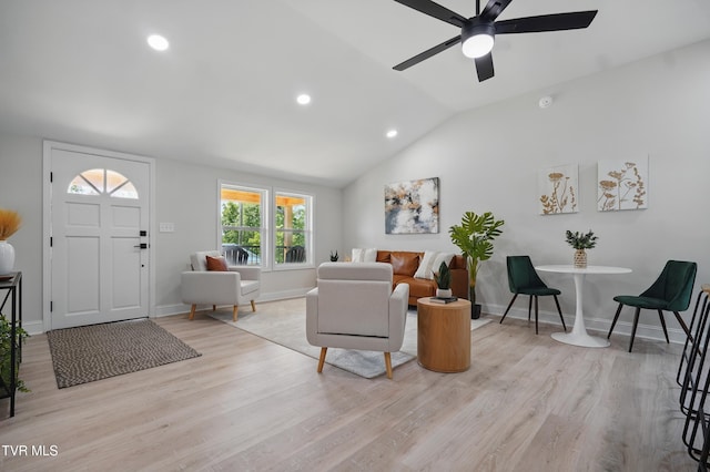 1225 Bristol View Dr, Bristol, VA 24201 - living room with light wood finished floors, ceiling fan, vaulted ceiling, recessed lighting, and baseboards
