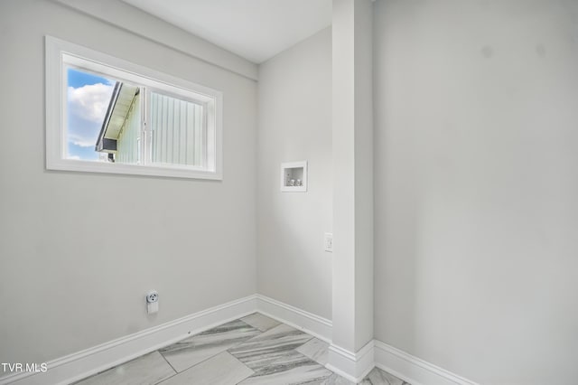 1225 Bristol View Dr, Bristol, VA 24201 - laundry room featuring light marble finish flooring, baseboards, and washer hookup